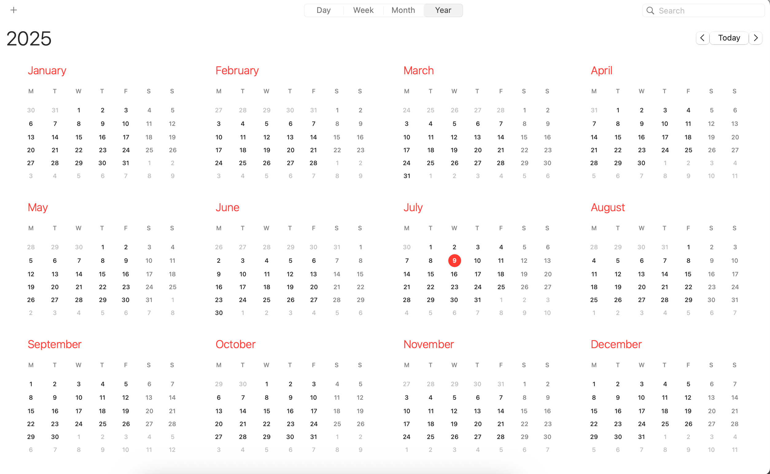 A yearly overview in the Apple Calendar app 