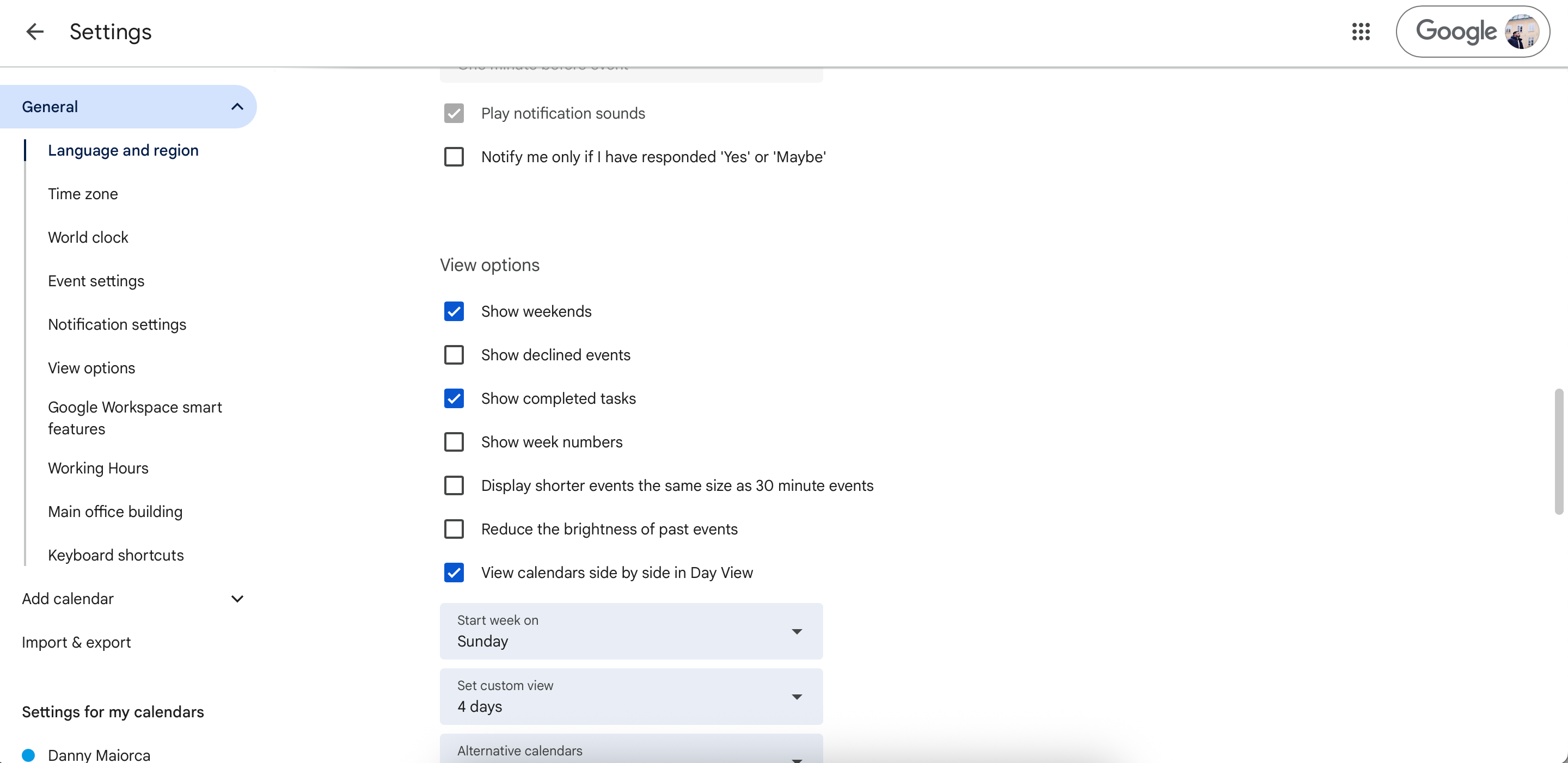 Settings in the Google Calendar App