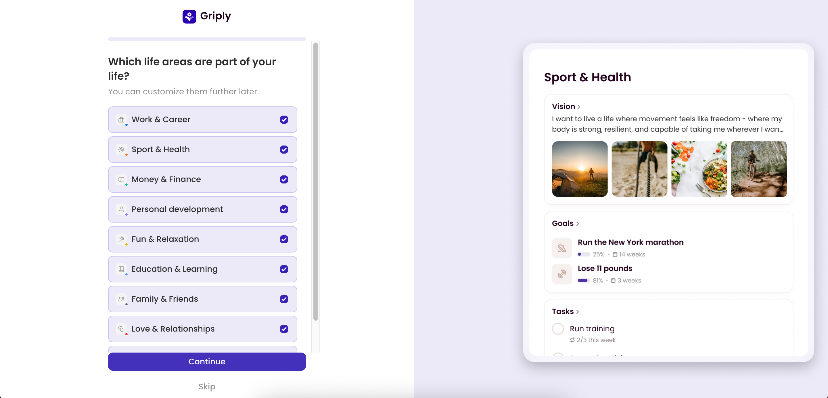 Tracking different life areas in the Griply app