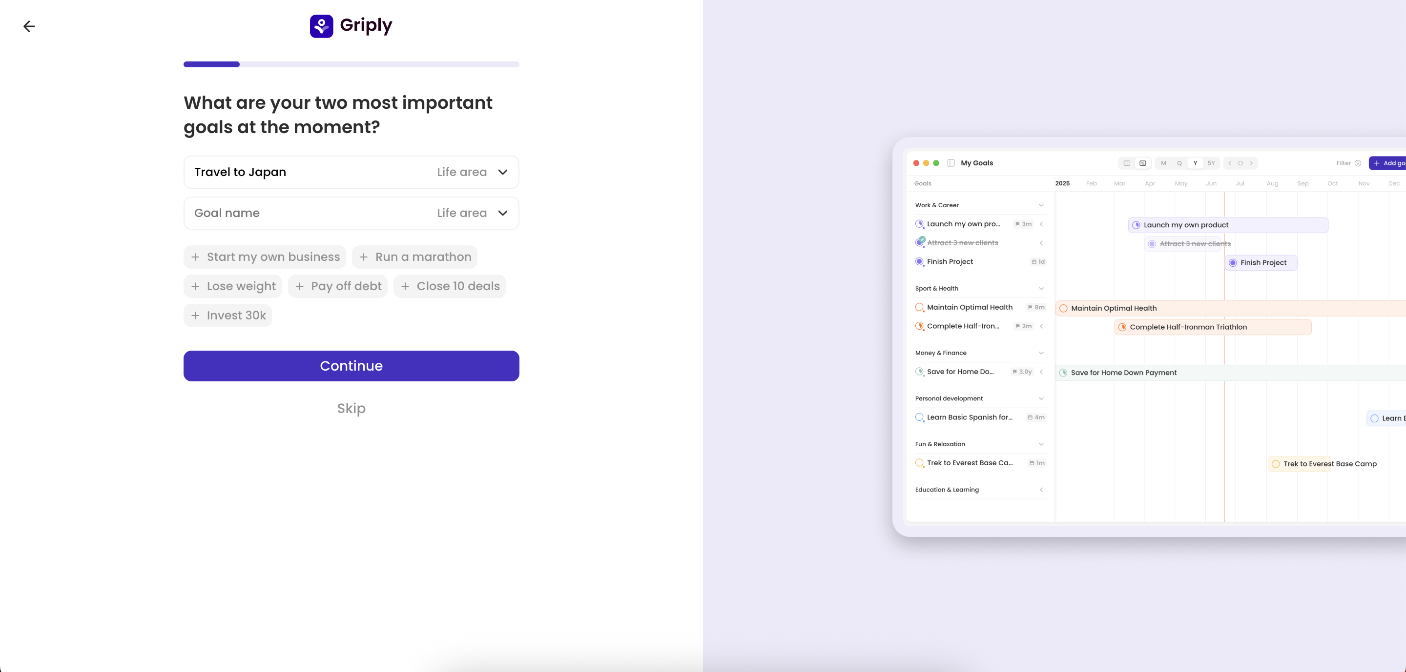 Choose important goals in the Griply app