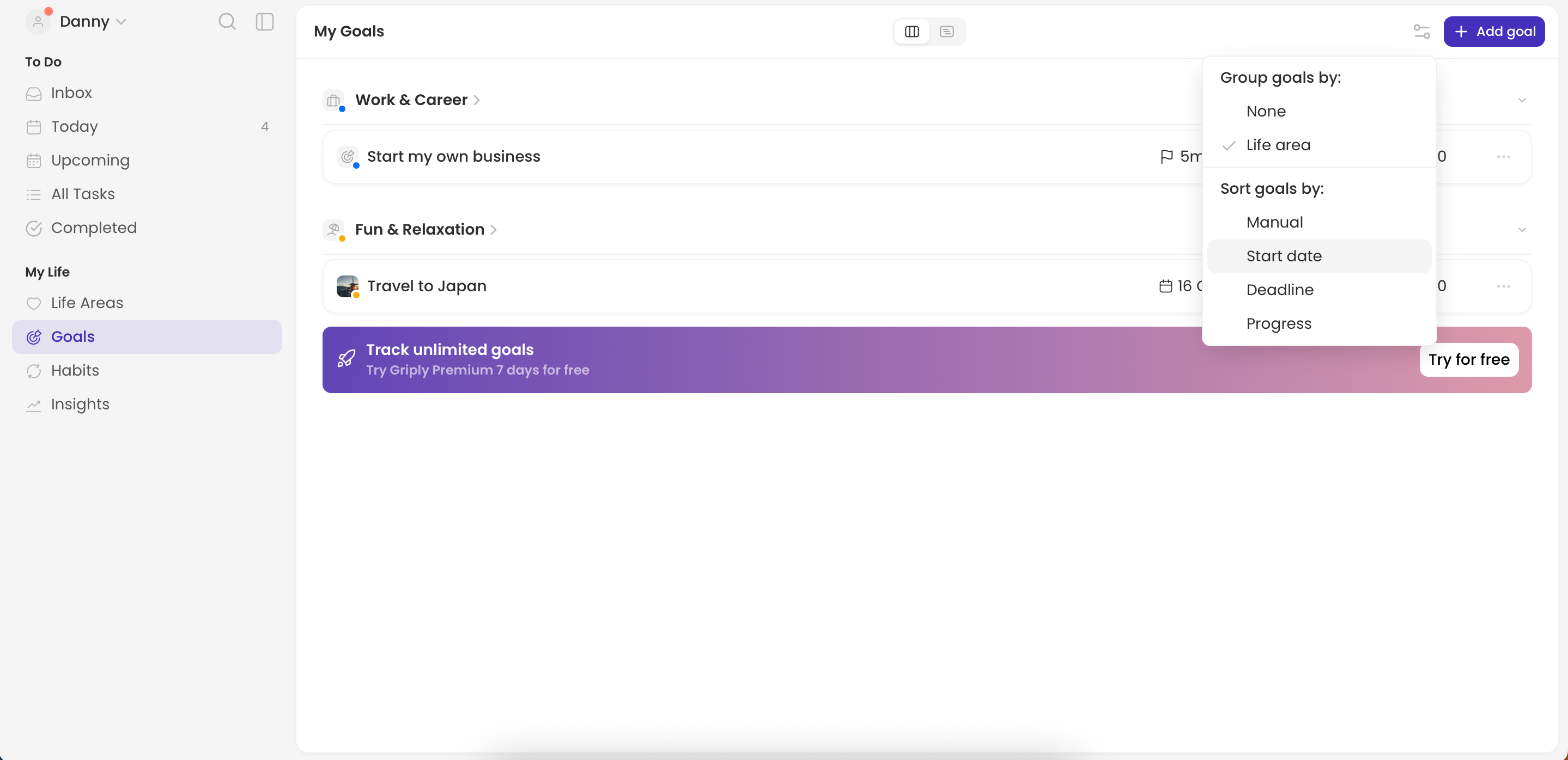 The Goals Tab in Griply