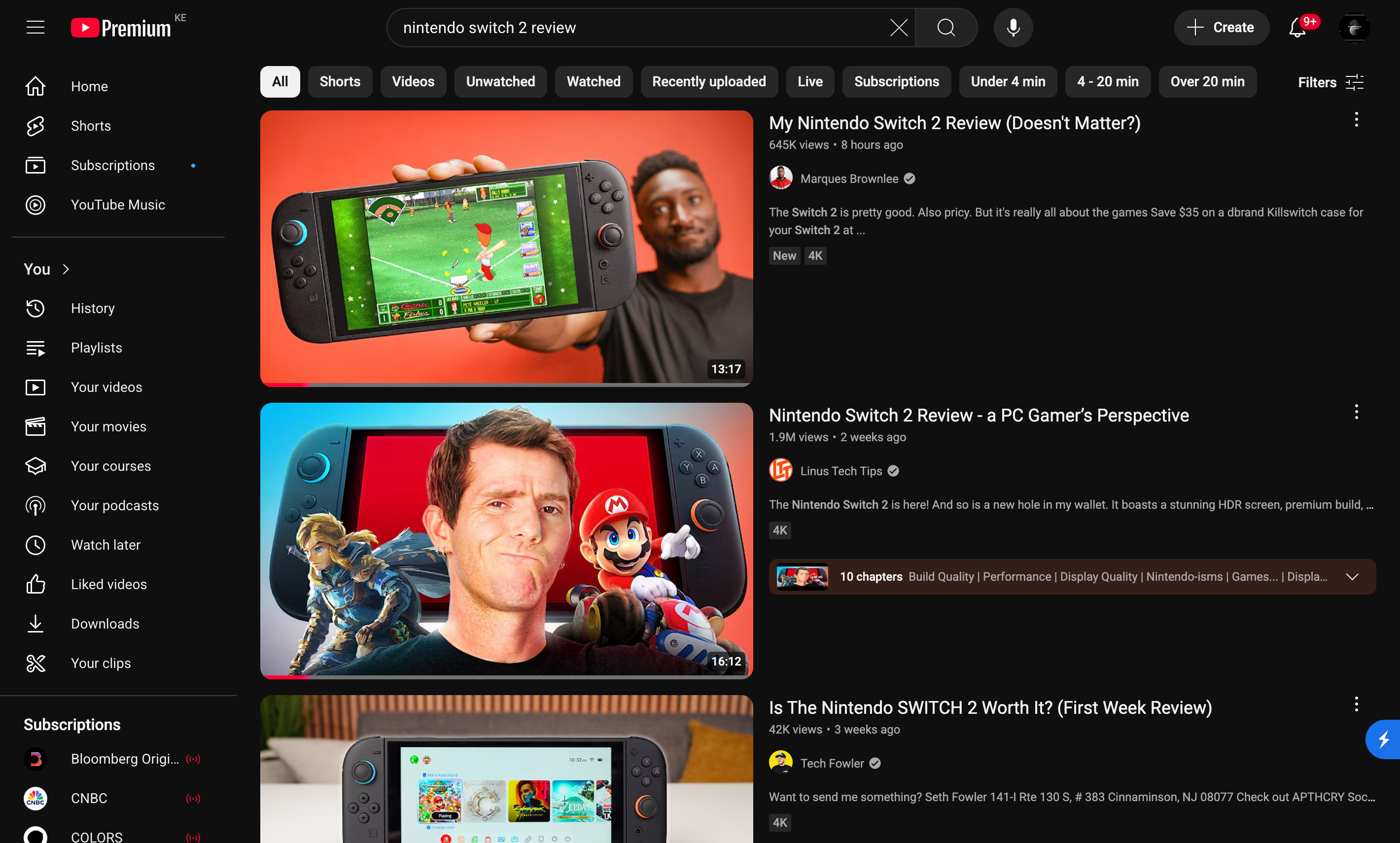 Review search in YouTube