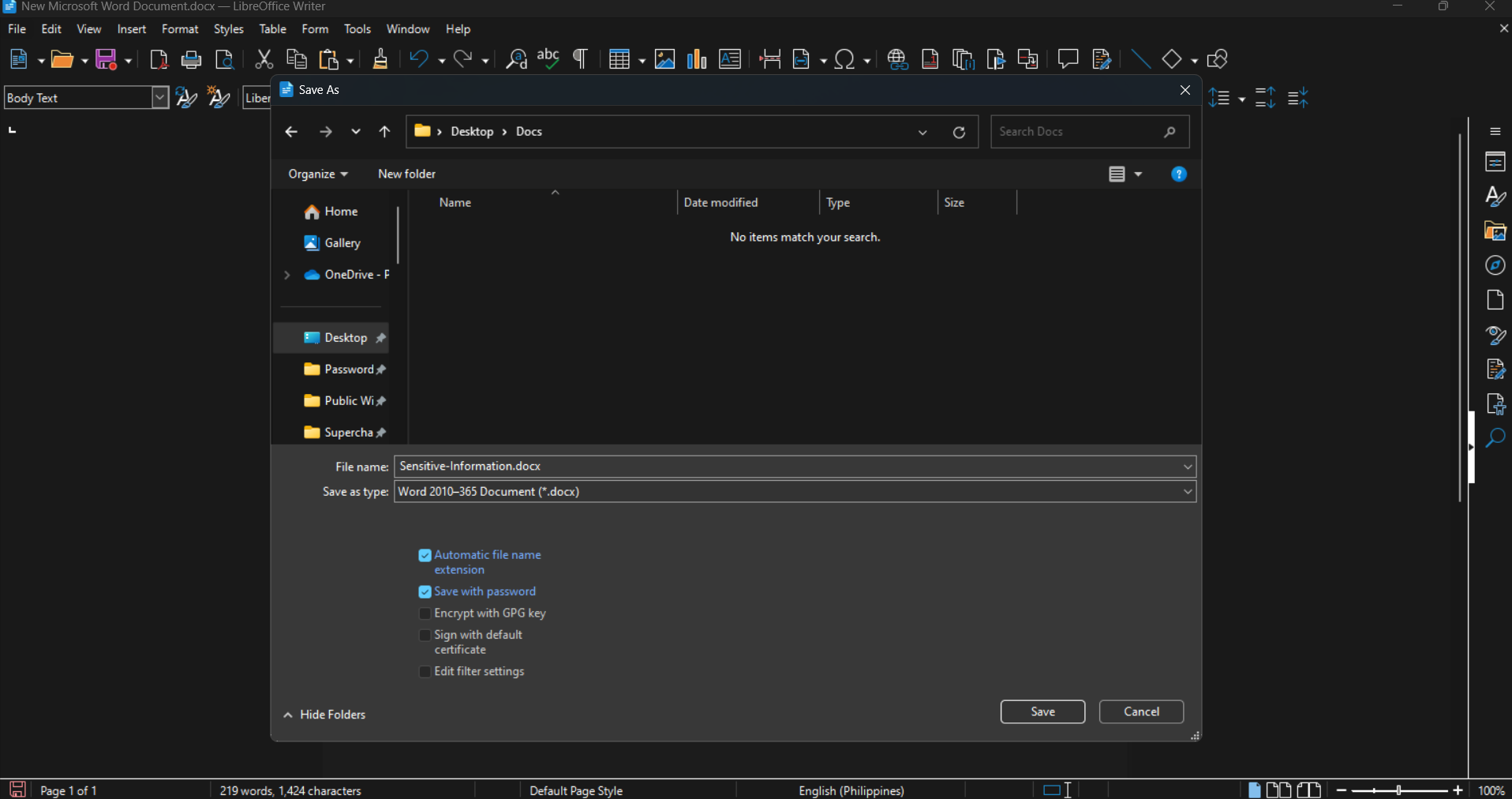 Adding document password with Libre Office