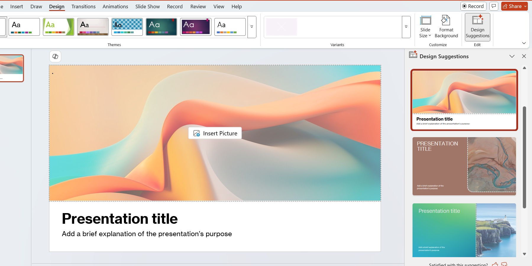 Selecting a design suggestion in PowePoint.