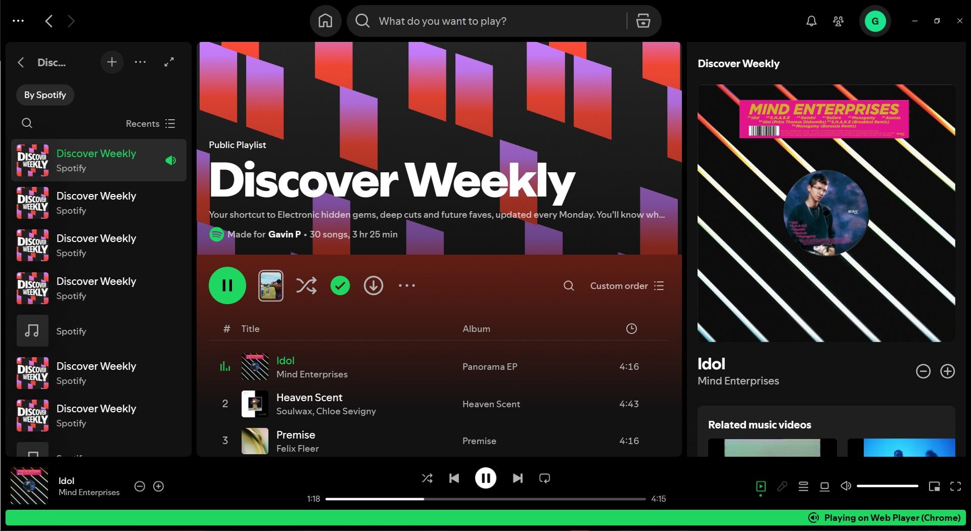 spotify discover weekly playlist with now playing panel.