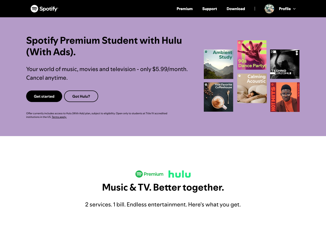 Spotify Premium Student page