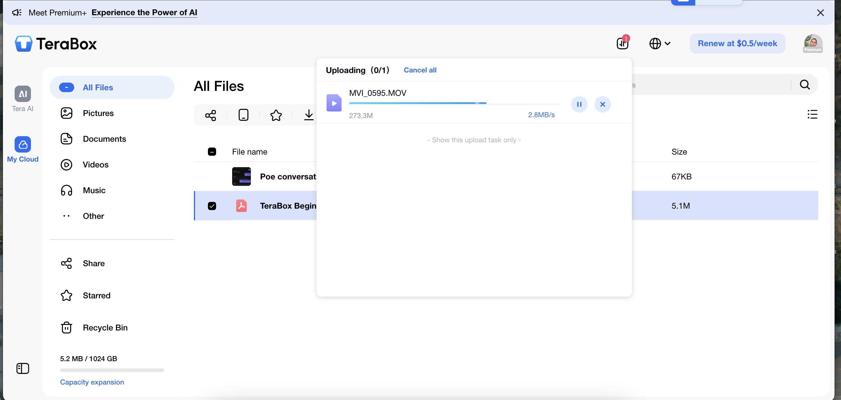 Terabox upload interface