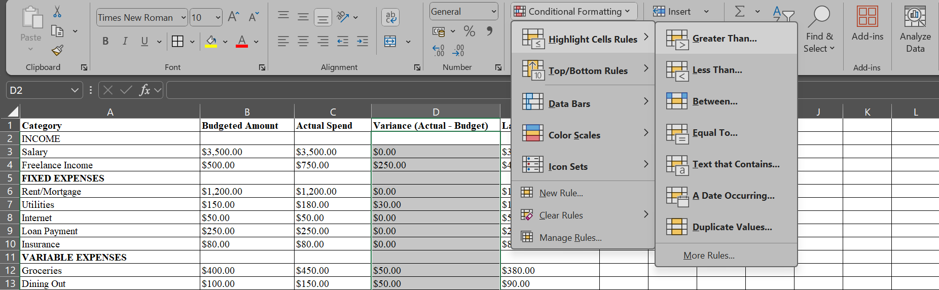 The Conditional Formatting Menu displayed on a budgeting spreadsheet in Microsoft Excel