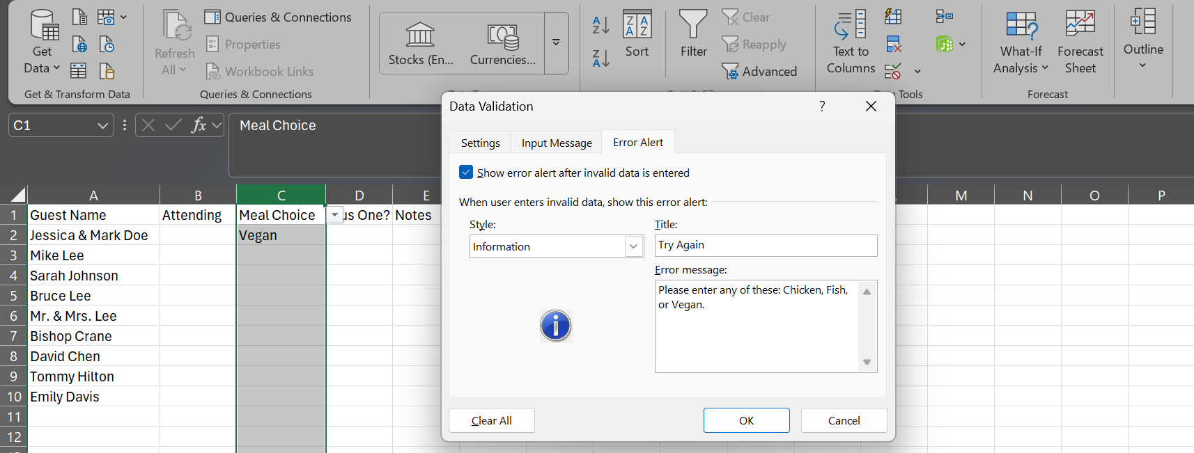 The Error Alert Tab for editing the error messages displayed as a result of Data Validation done in Microsoft Excel
