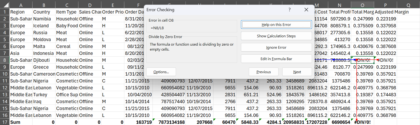 The Error Checking tool displaying an error in cell O8 in Microsoft Excel