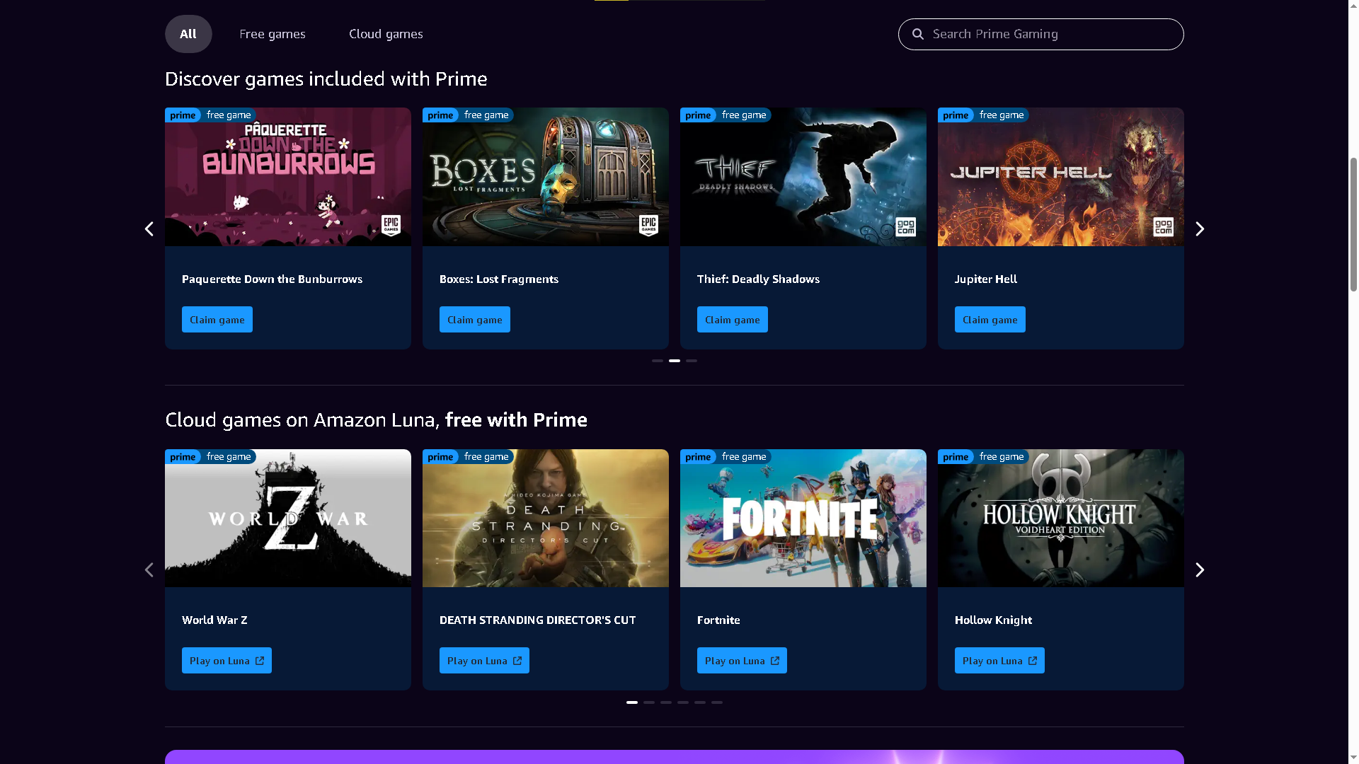 The front page of Prime Gaming