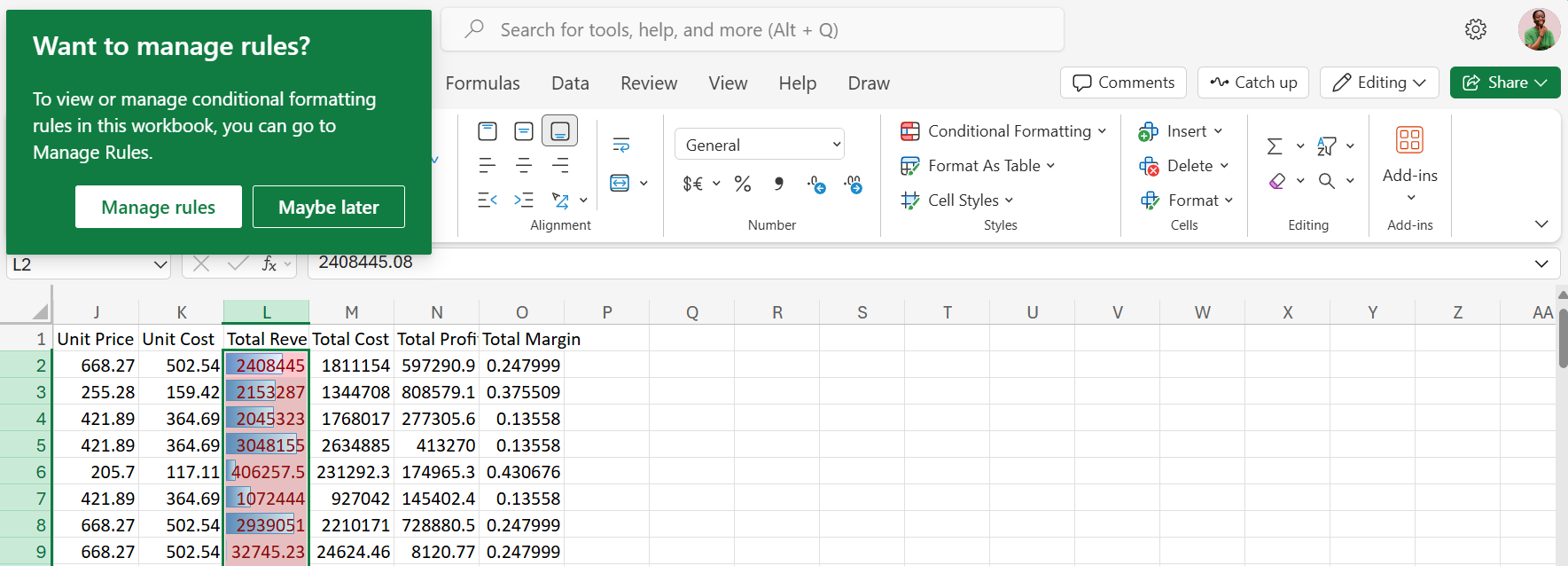 The manage rules pop up in Excel Online after activating Data Bars