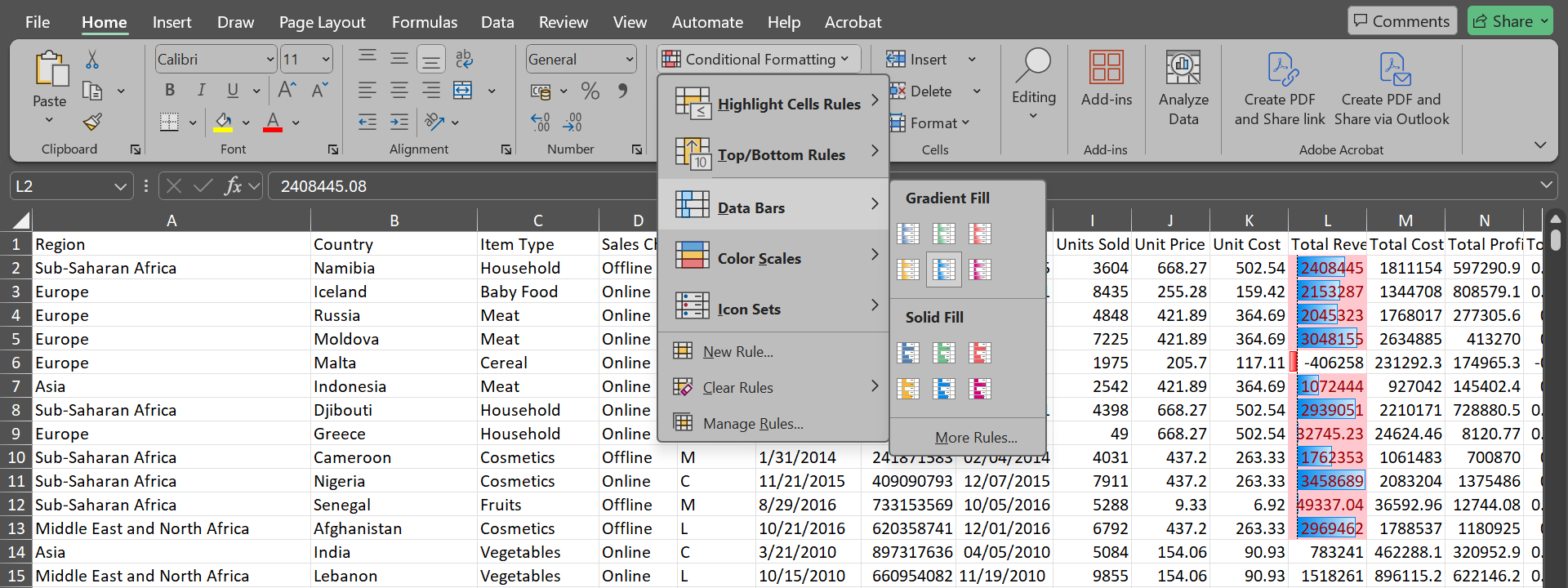 The menu for Data Bars under Conditional Formatting in Microsoft Excel
