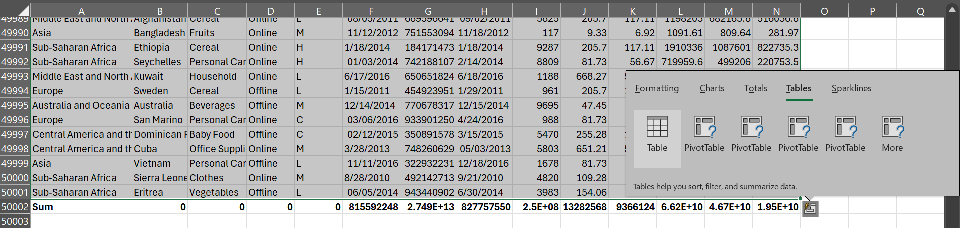 The option to create an Excel Table suggested by Quick Analysis in Microsoft Excel under the Tables category
