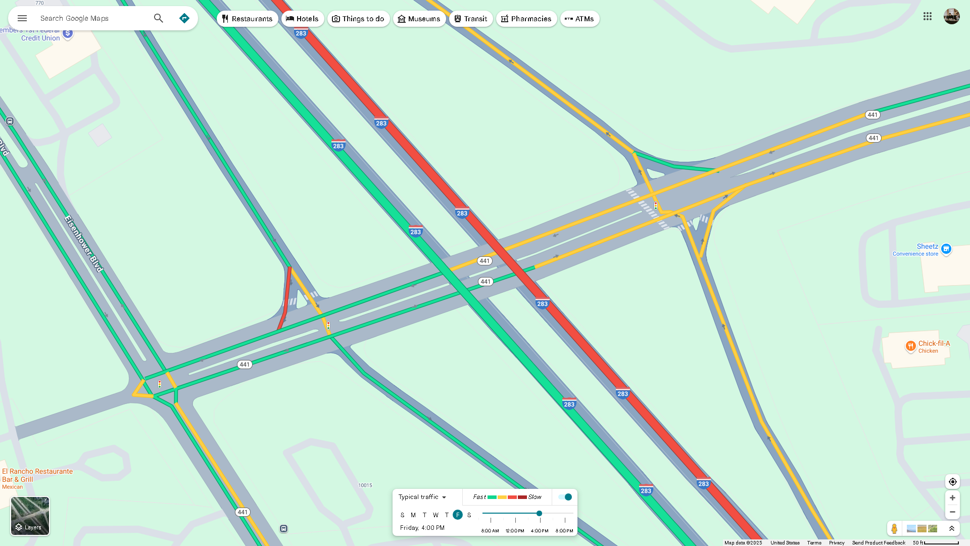 The traffic layer enabled in Google Maps