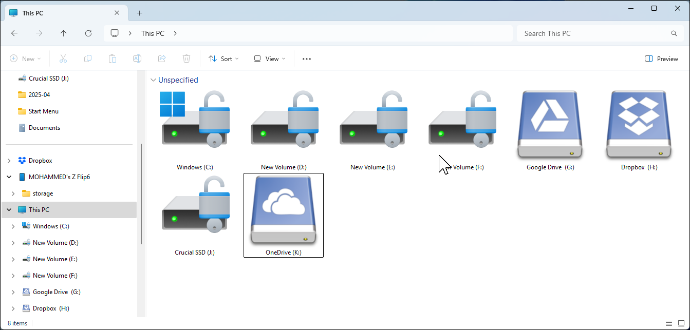 This PC showing all the local and cloud drives in File Explore
