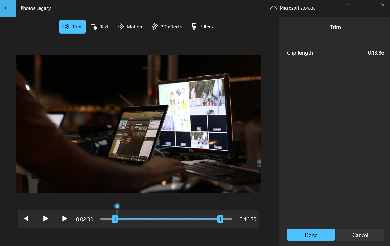 Trim option in Windows Photos Legacy app video editor
