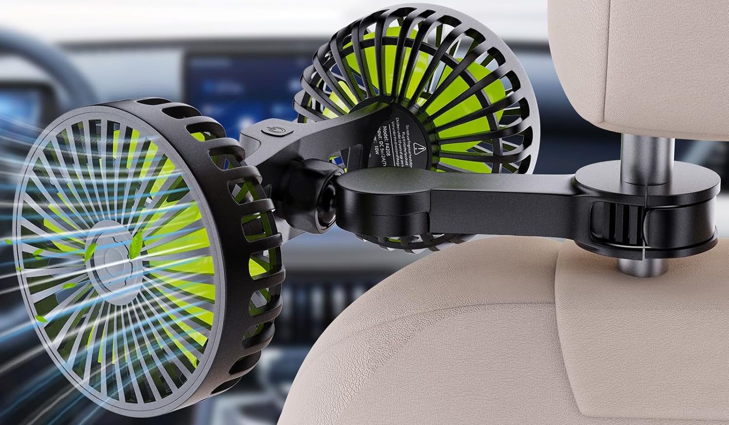 A dual-blade USB car fan mounted on the back of a front seat headrest.