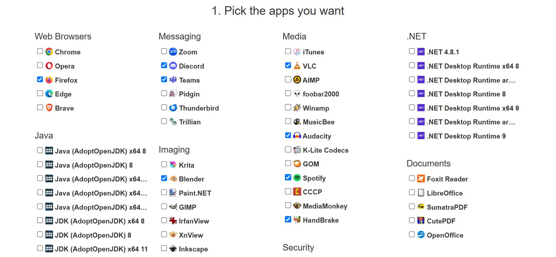 Selecting apps for Ninite to bundle and install