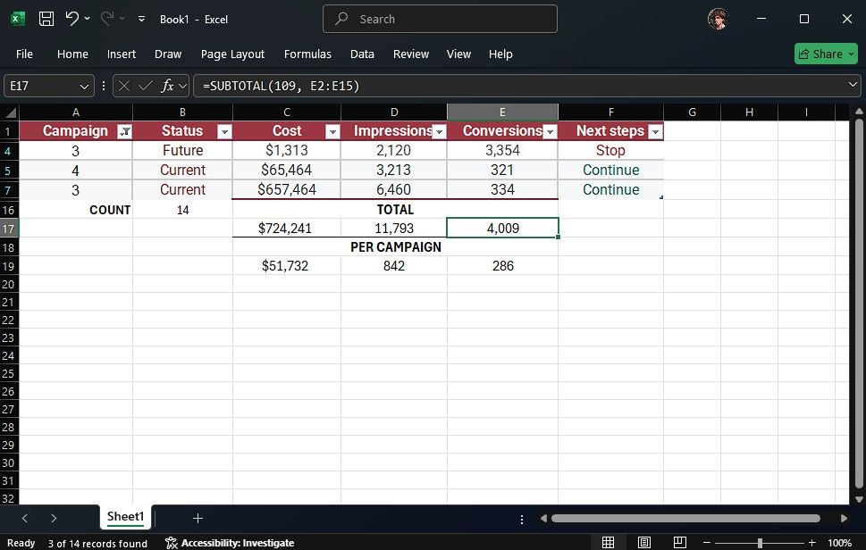 Using SUBTOTAL on a filtered Excel table