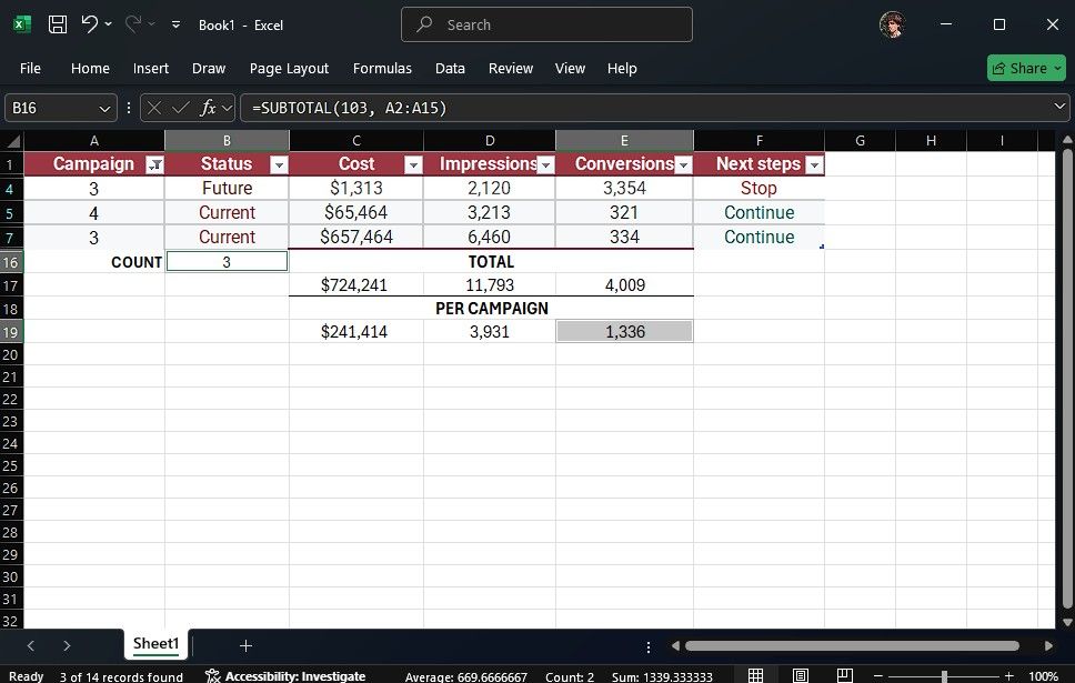 Using SUBTOTAL to count cells in a table 
