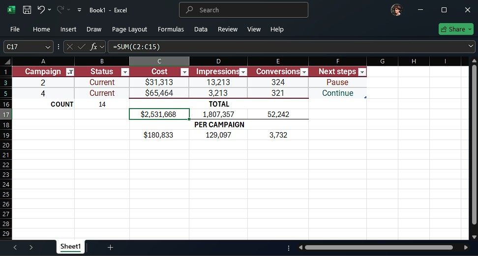Using SUM on a filtered Excel table 