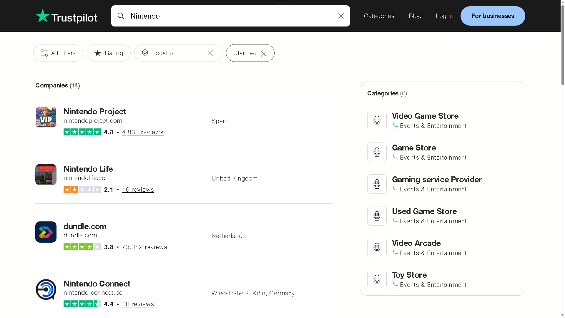 Using Trustpilot to search for business reviews on Nintendo