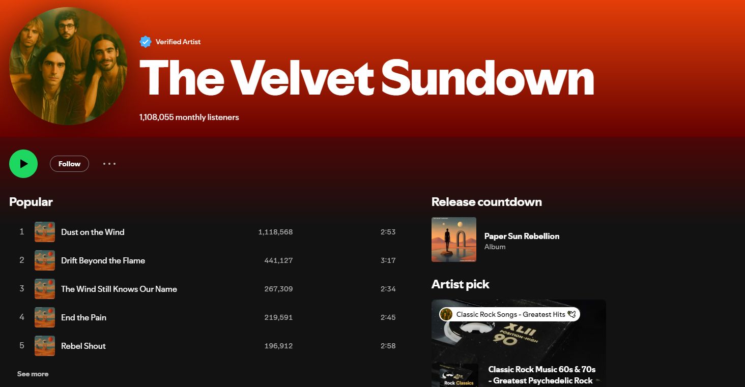 The Velvet Sundown's artist page on Spotify