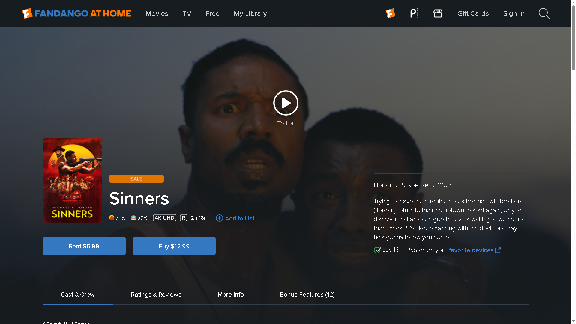 Viewing the store page for the movie Sinners on Fandango at Home