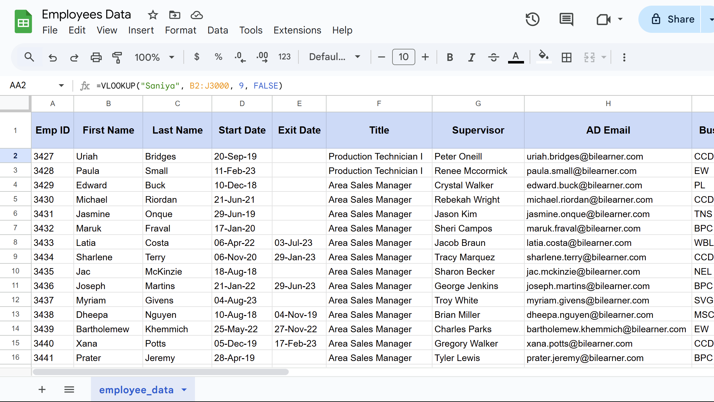 VLOOKUP function result in Google Sheets.