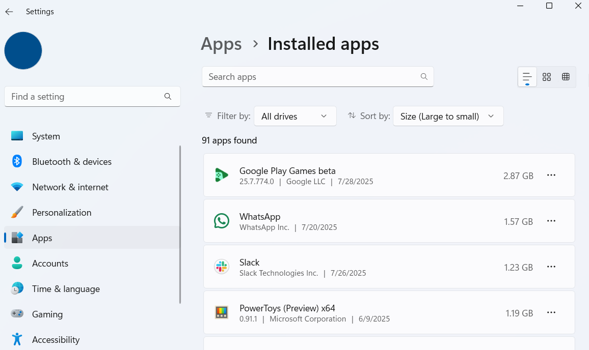 Windows 11 Settings showing installed apps based on size
