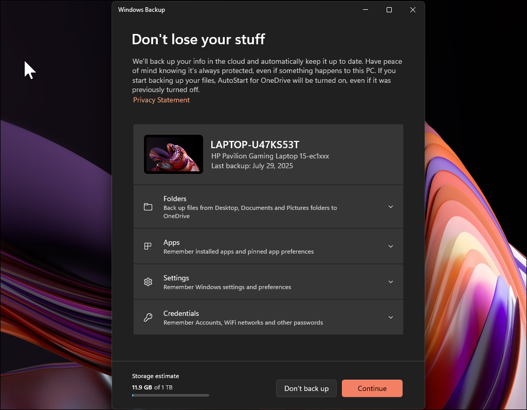 Windows Backup dialog on Windows 11