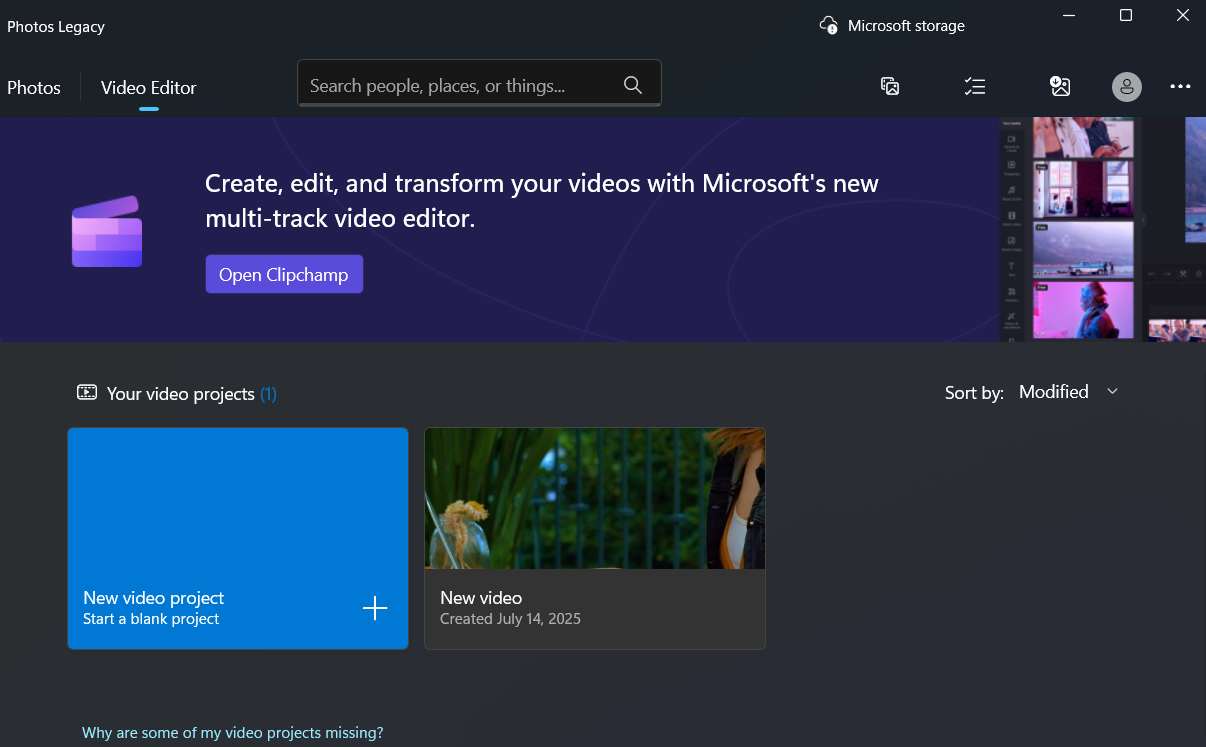 Windows Photos Legacy App video editor tab
