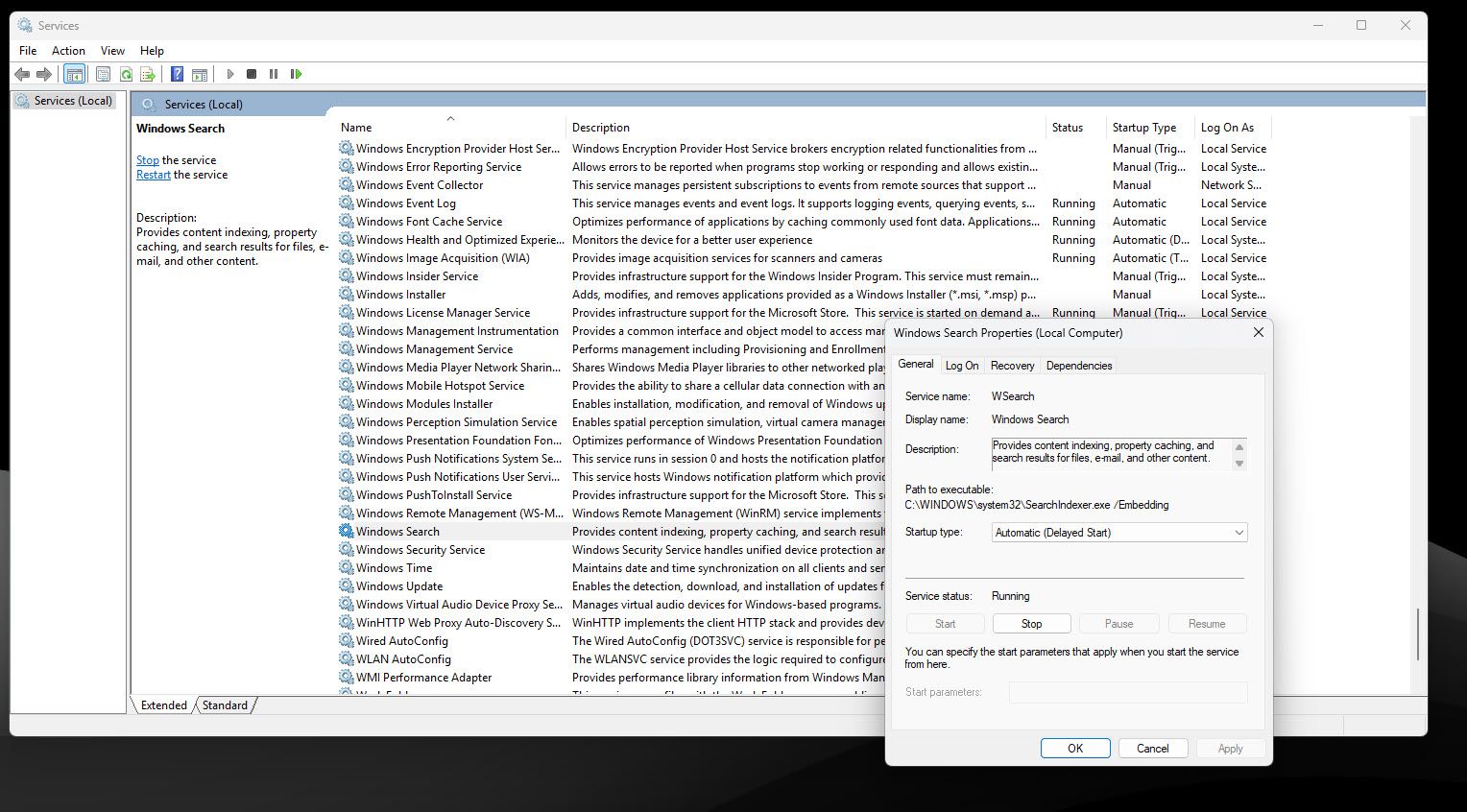 Windows Service Manager with properties open