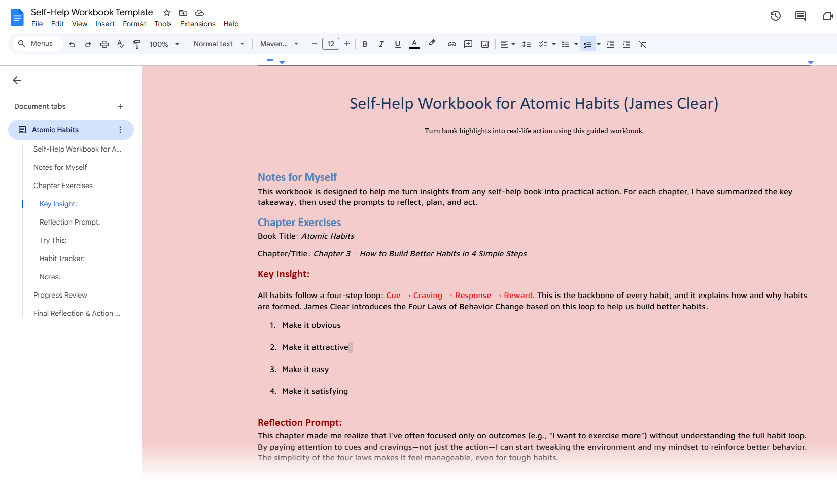 Workbook template for self-help book exercises