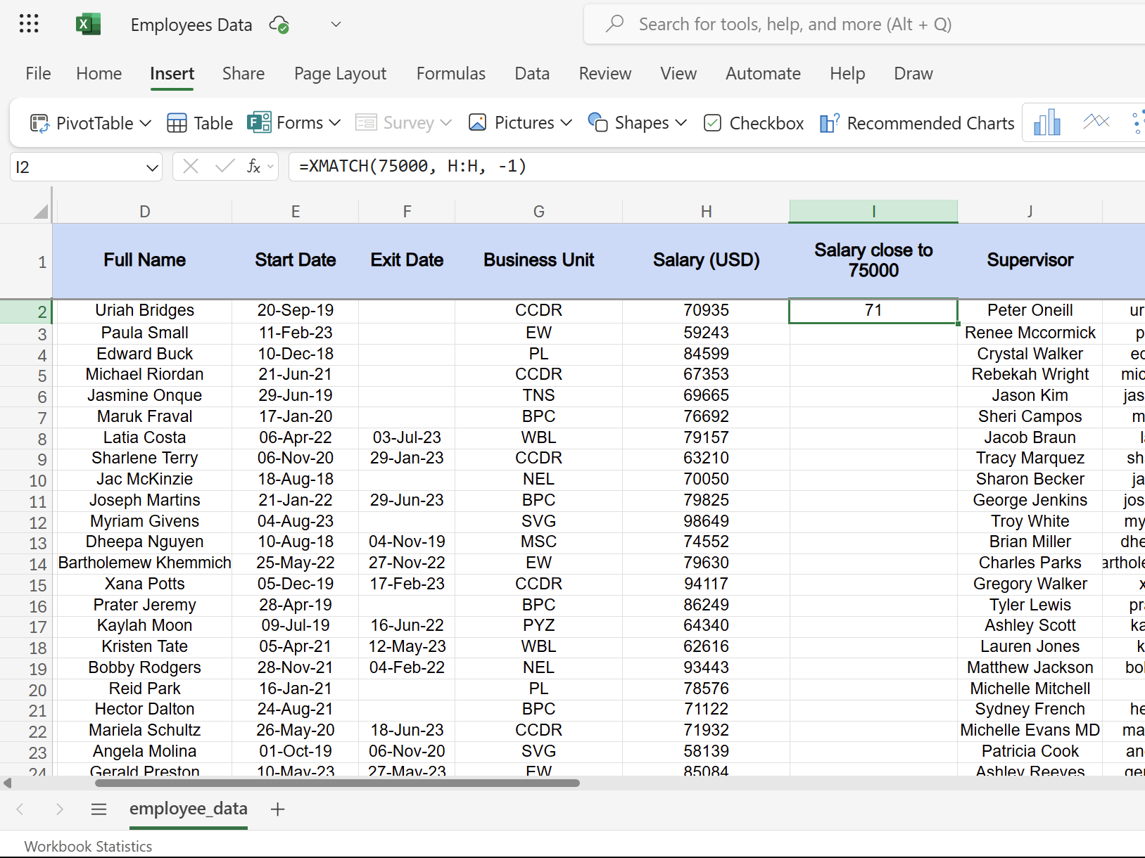 XMATCH function in Excel returning employee's salary close to USD 75000.