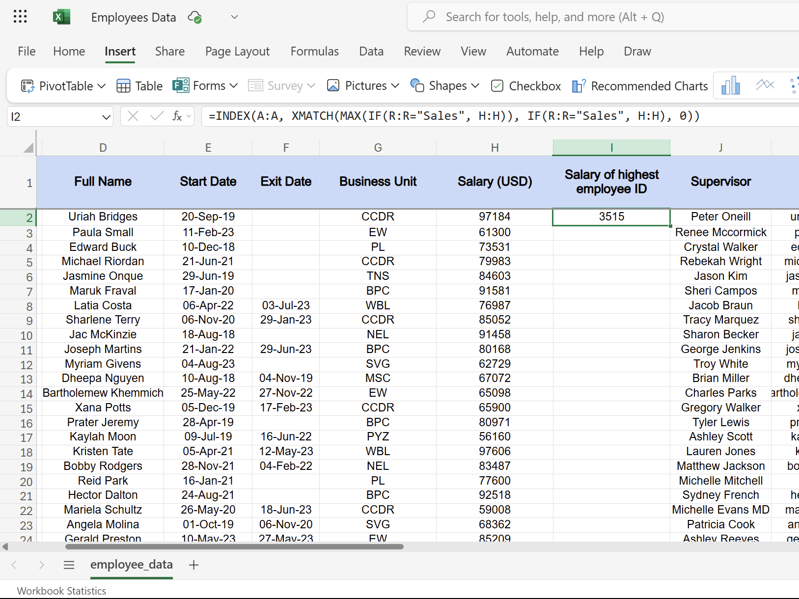 XMATCH function in Excel returning salary of highest employee ID.