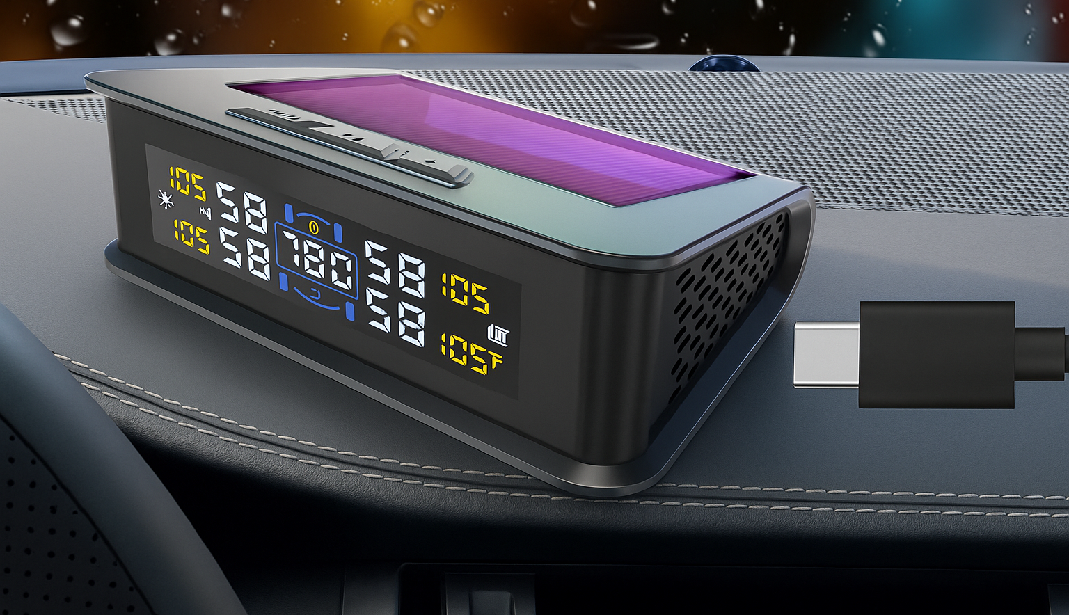 A digital car display with a USB cable beside it.
