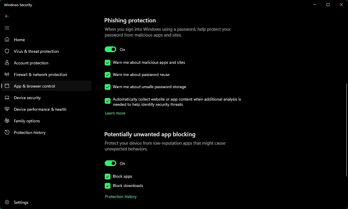 Windows Security Phishing Protection Options