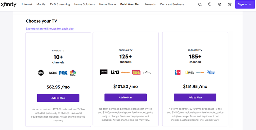 Xfinity TV Pricing Page