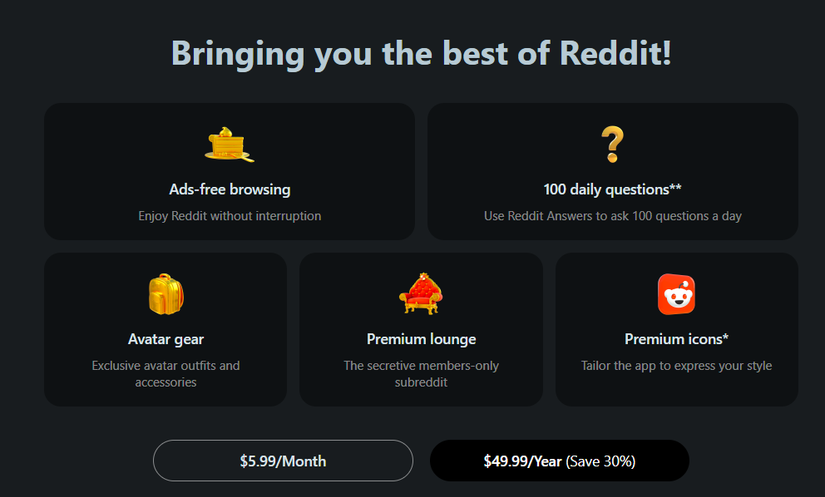 Reddit Premium Pricing Page