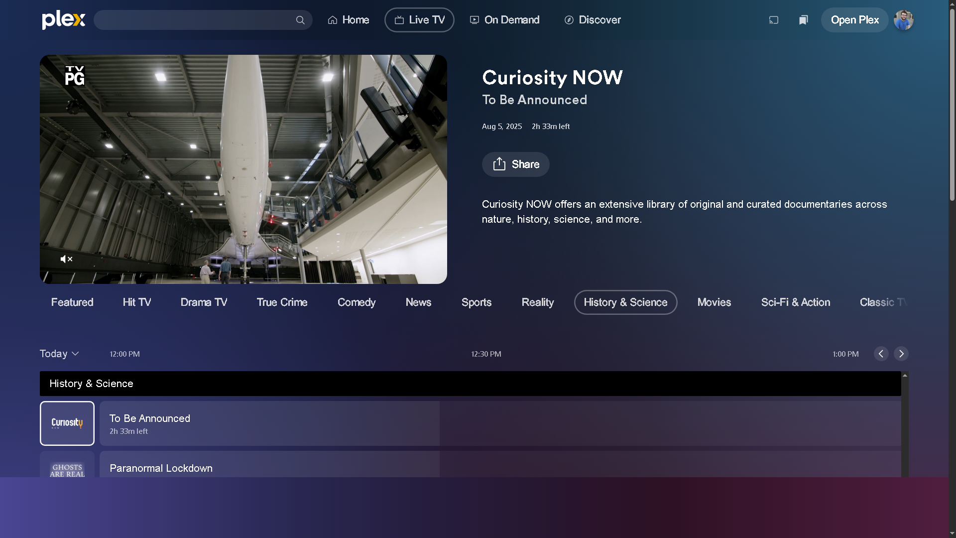 A documentary about planes playing on the Curiosity NOW TV channel on Plex