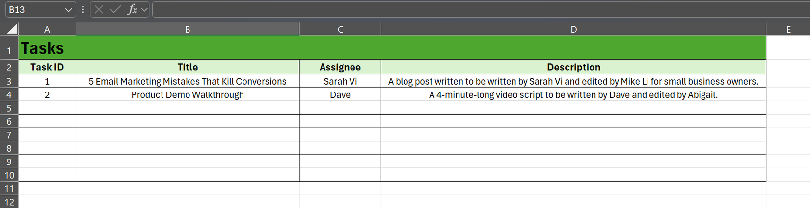 A list of tasks with columns for task ID, title, assignee, and description in Excel