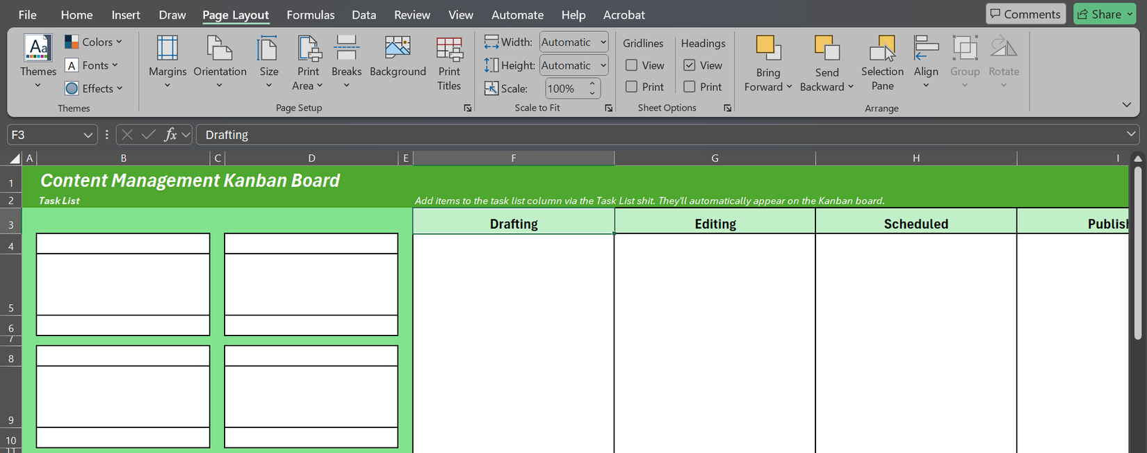 A screenshot showing a fully designed Kanban Board in Excel with task cards