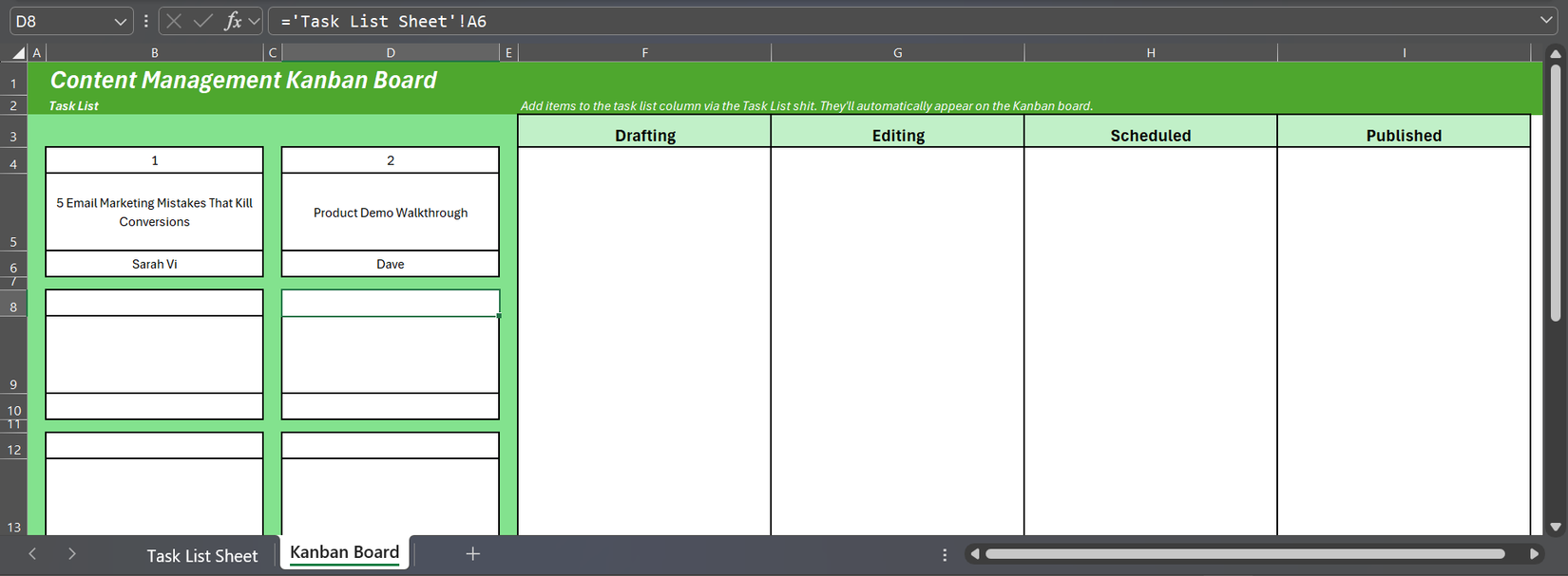 A screenshot showing a fully designed Kanban Board in Excel with two populated task cards