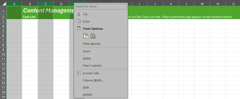 A screenshot showing the Column Width option on an Excel spreadsheet