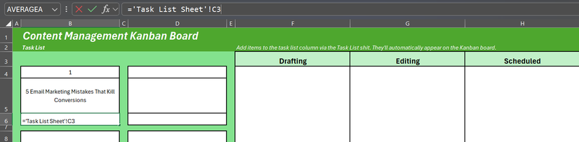 A task card populated with items from the Task List Sheet in a Kanban Board in Excel