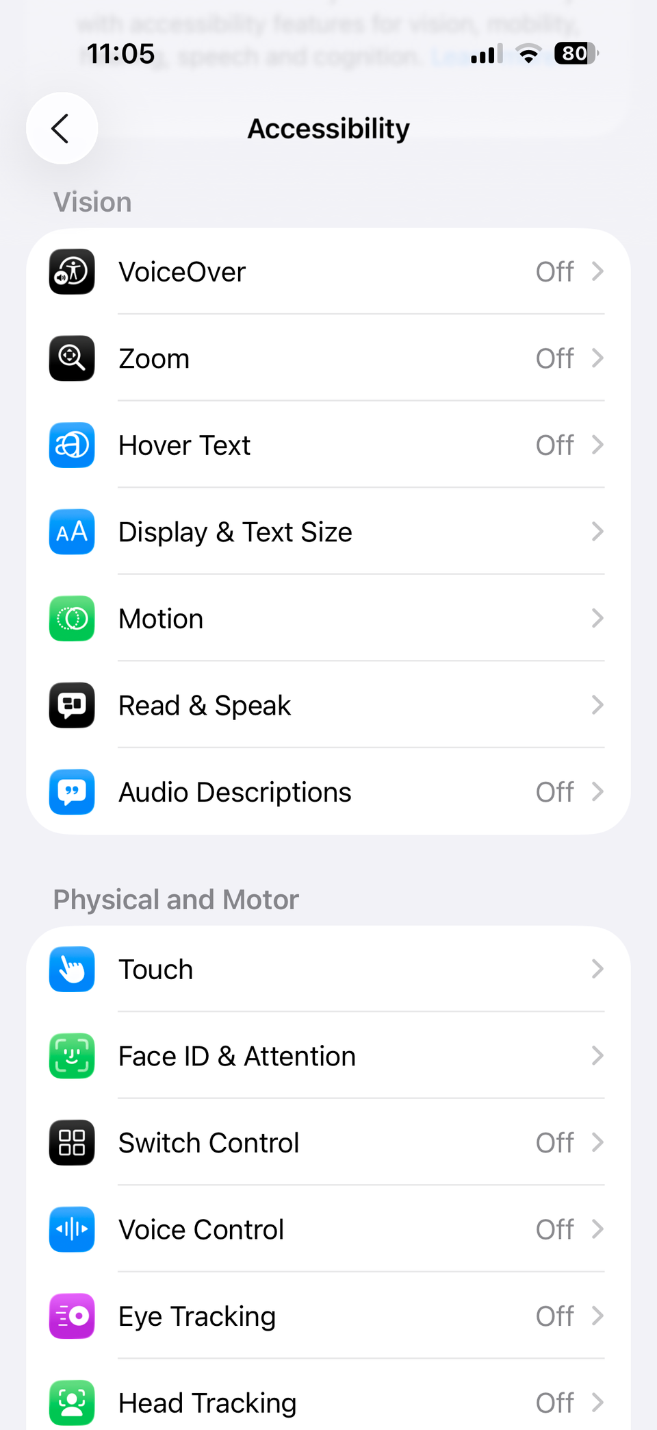 Accessibility settings menu on iPhone