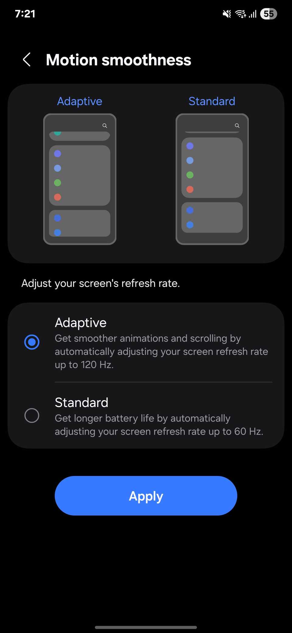 Adjusting refresh rate in Samsung Settings menu