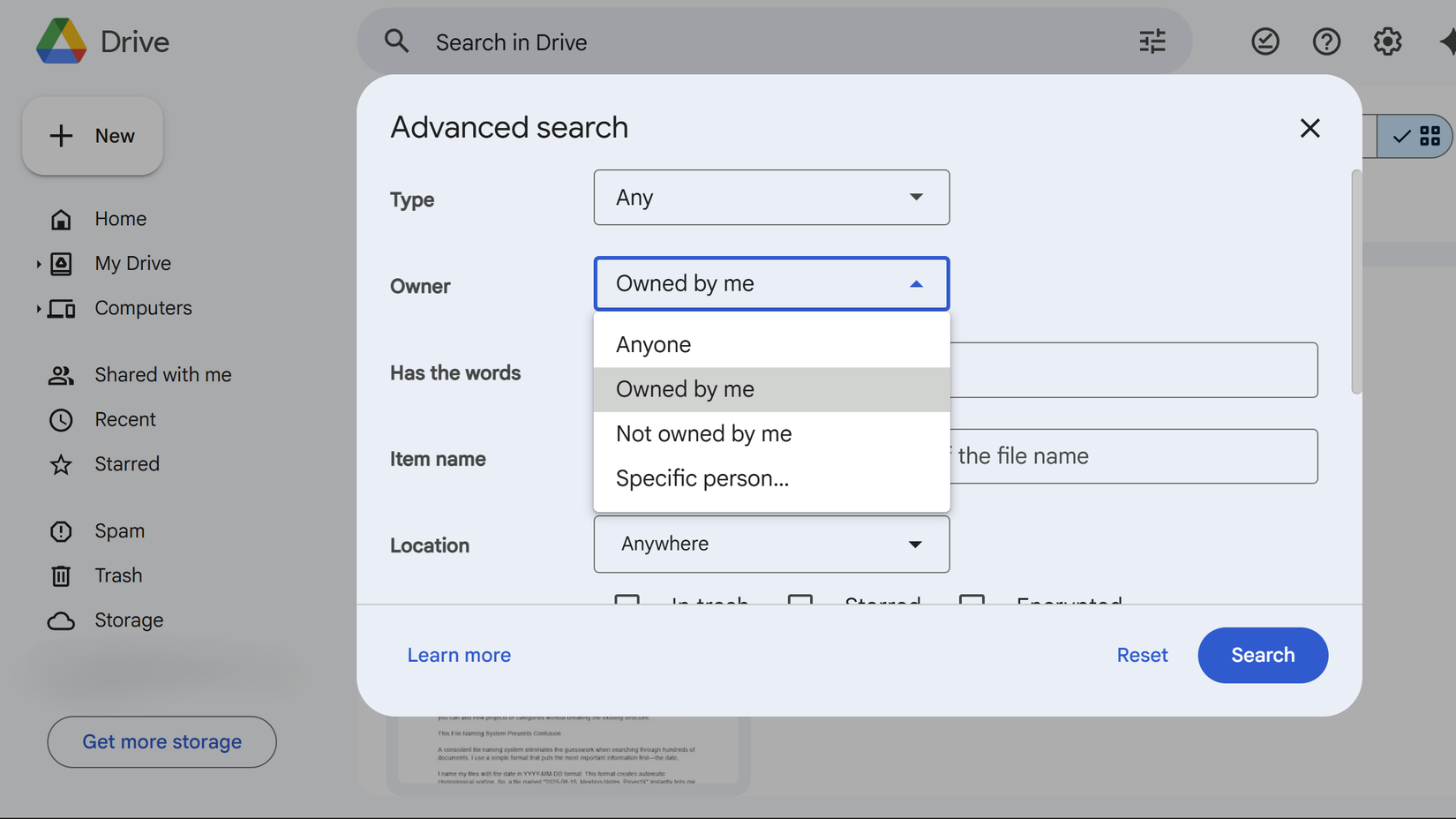 Advanced search dialog box in Google Drive.